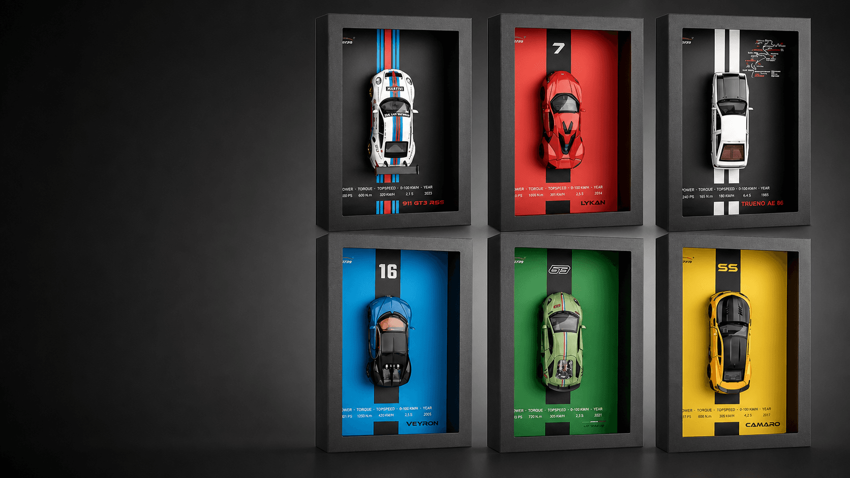 Six RevWall framed diecast models displayed together