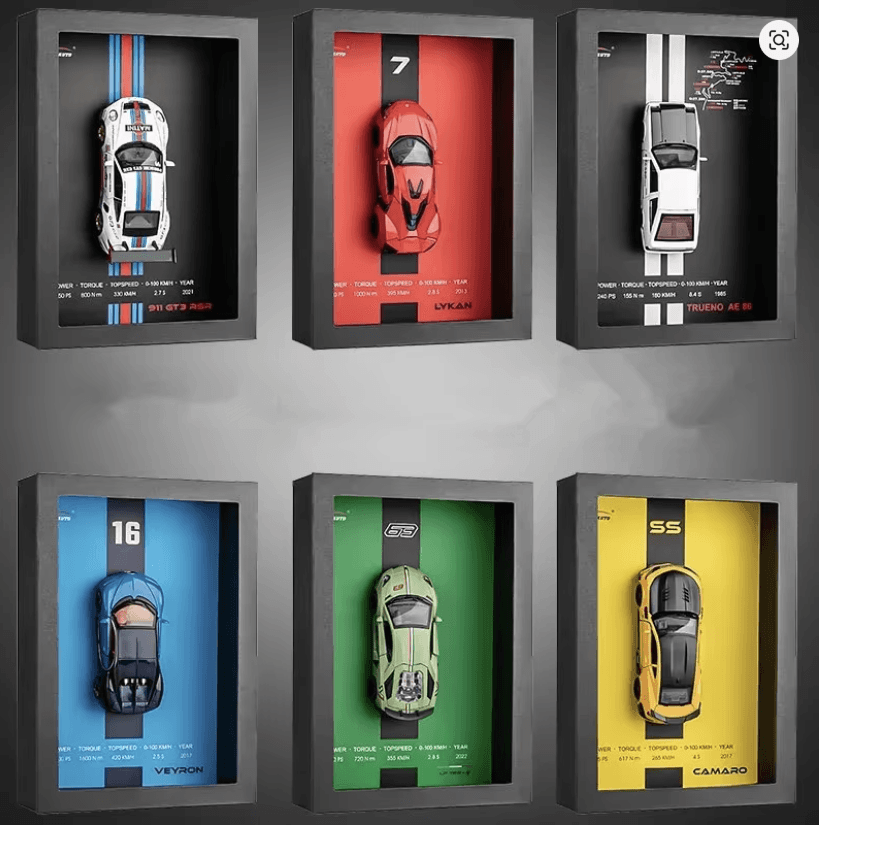 Six framed RevWall diecast displays
